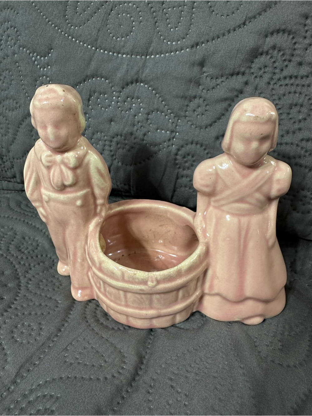 Vintage Jack and Jill Pink Ceramic Boy & Girl Planter with Center Basin
